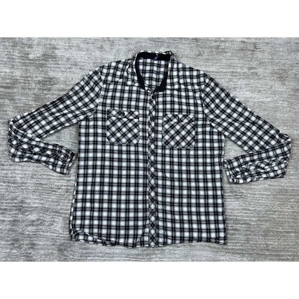 Divided H&M Button Down Shirt Mens M Black White Plaid Long Sleeve Casual Pocket